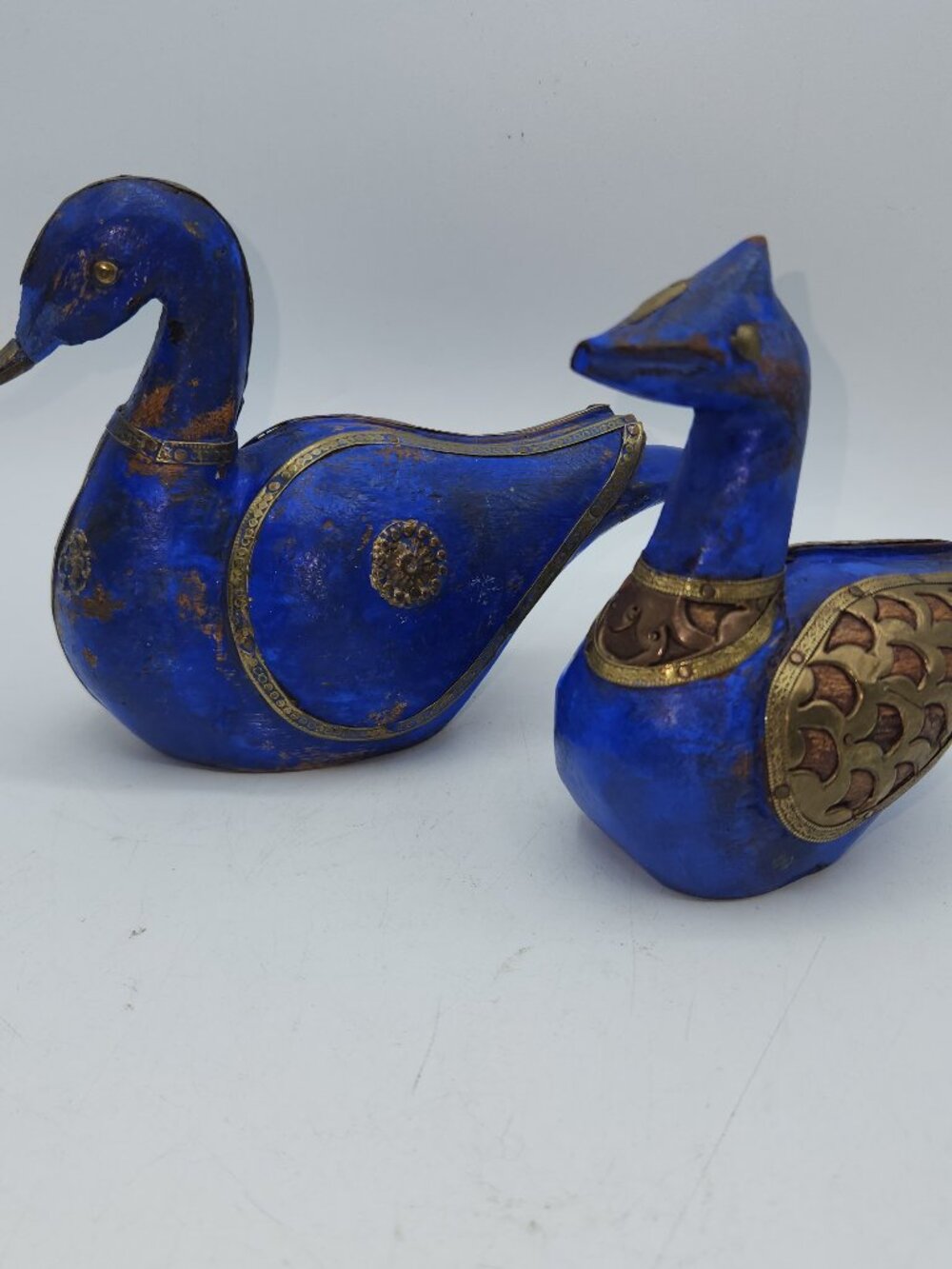 Vintage 1970s Folk Art Wooden Ducks, Hammered Copper Accents, Blue Set